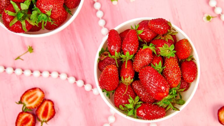 Strawberries in white bowl. Fresh strawberries. Beautiful strawberries.
