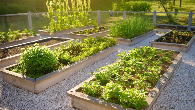 Community Kitchen Garden. Raised Garden Beds with Plants in Vegetable Community Garden.