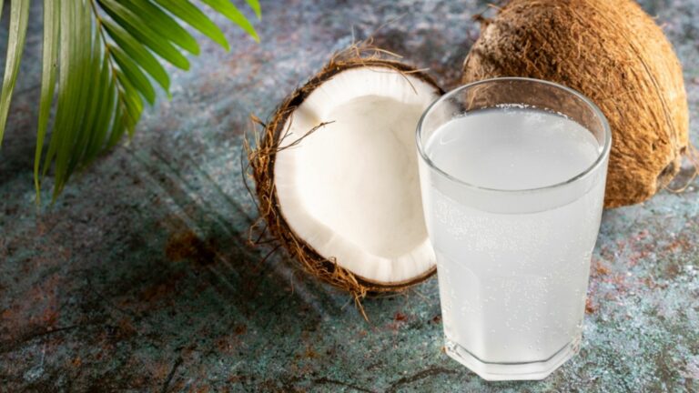 coconut water in glass with coocnut