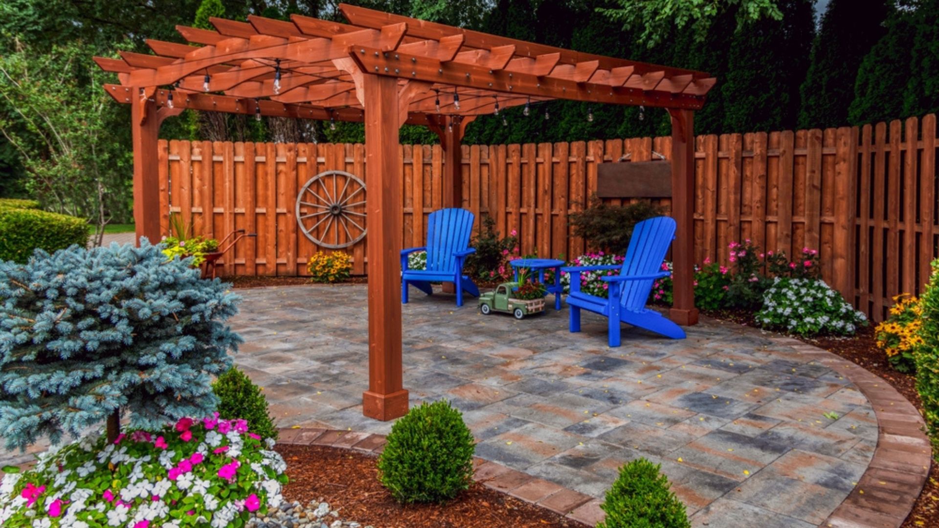 backyard with blue chairs