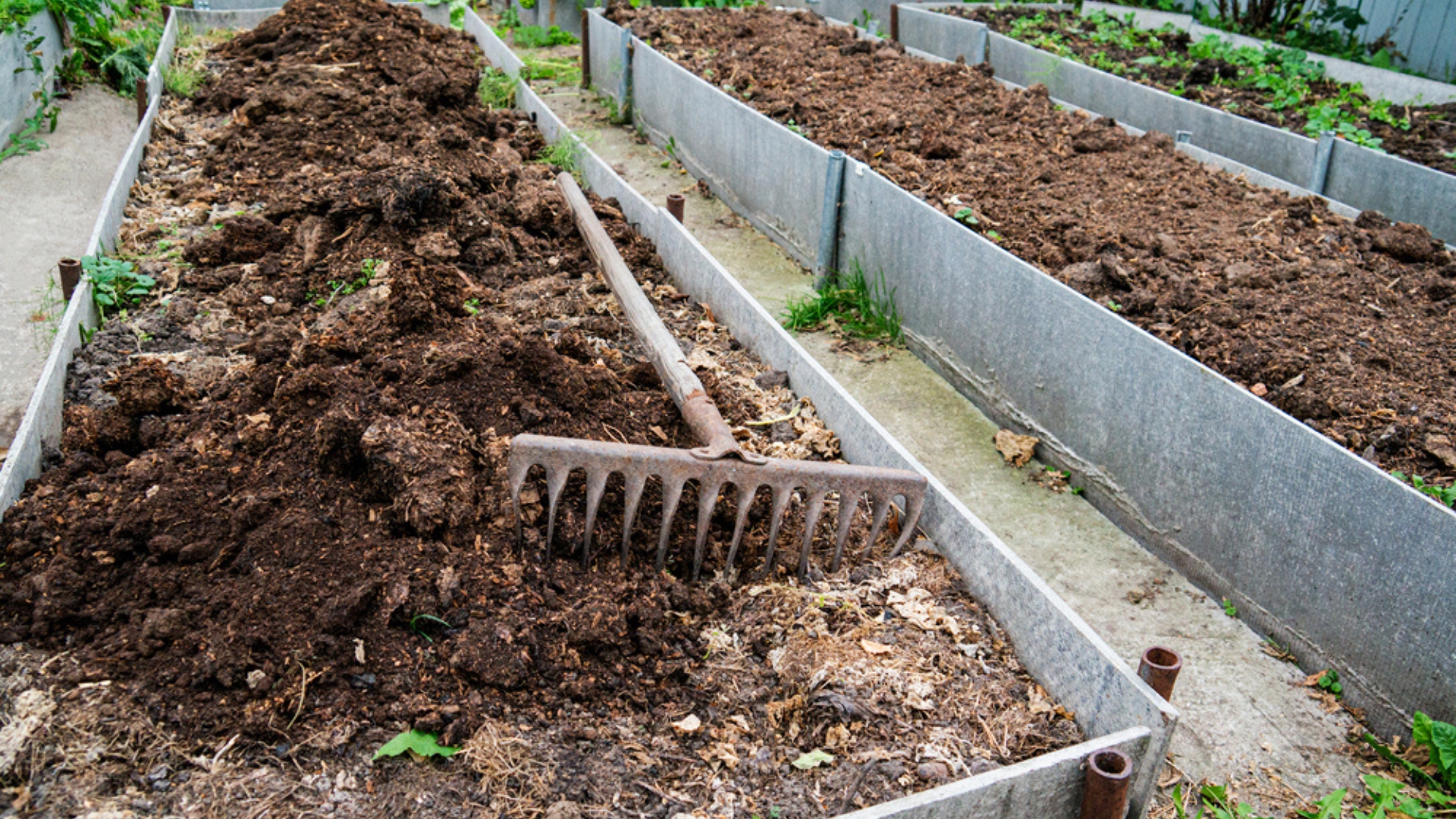 rake and topsoil on a raised bed