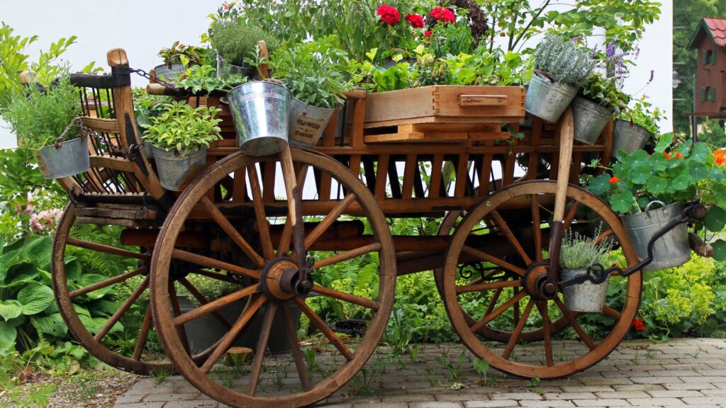 rolling garden cart with plants