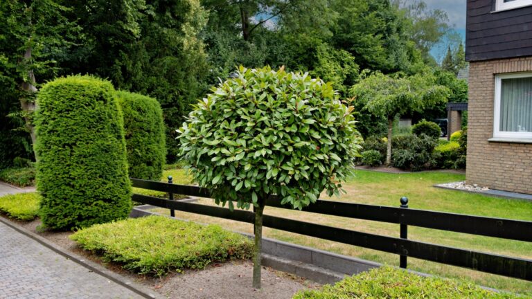 dwarf tree in front of a fence