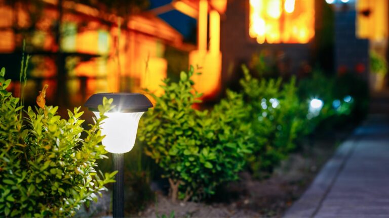Small Solar Garden Light, Lantern In Flower Bed. Garden Design. Solar Powered Lamp