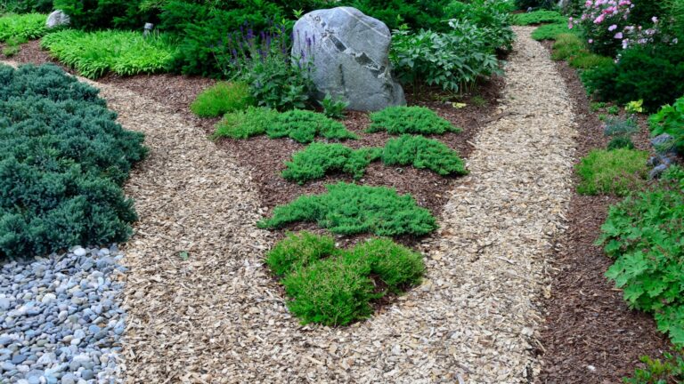 rock and mulch in garden