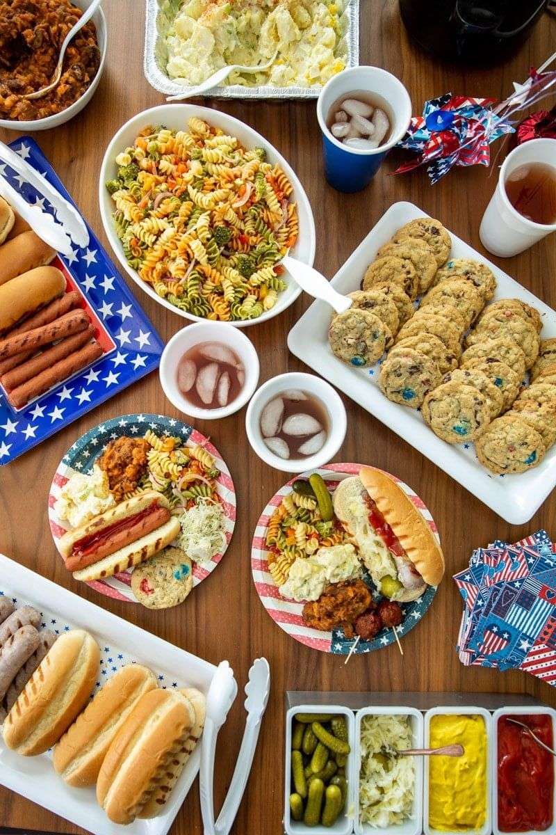 Potluck Buffet Table With Patriotic Touches