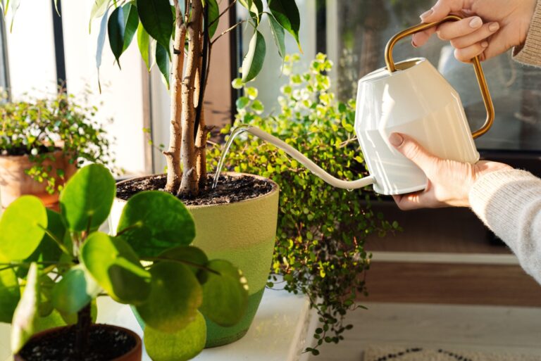 Woman pour water in flower pot with indoor