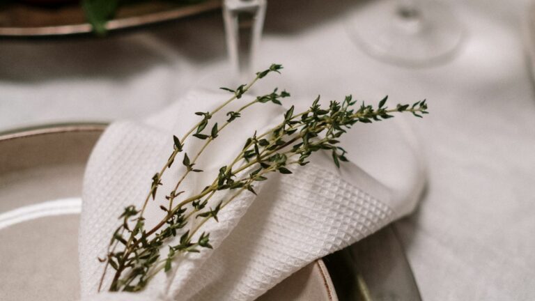 Sprigs of Rosemary on Table Napkin