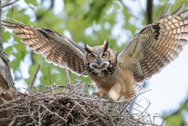 A striking image of a great horned owl in full flight, wings outstretched, as it hovers above its nest.