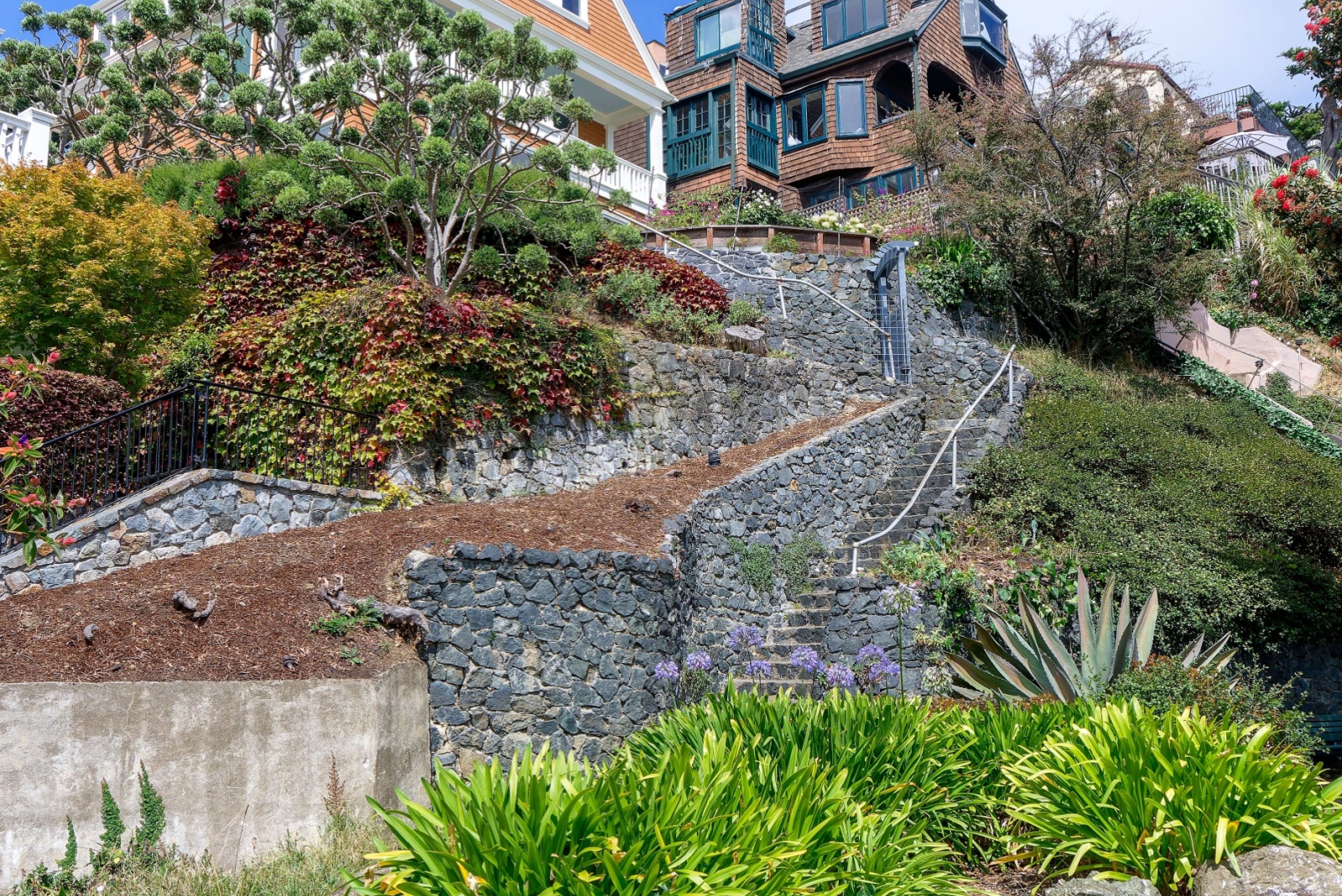 A stone stairway leads to houses in the hills of Sausalito, California