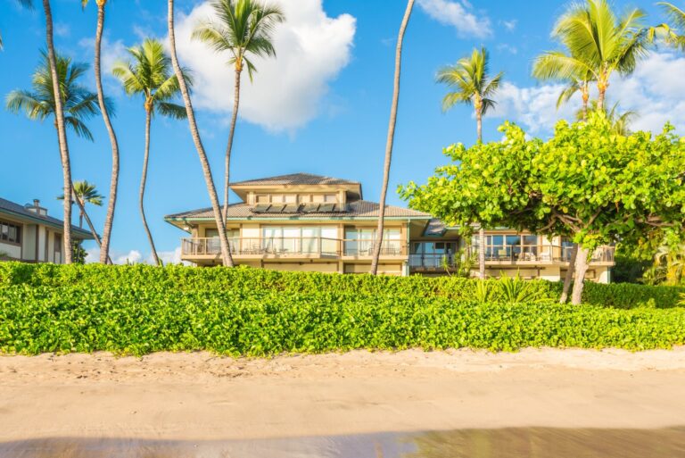 Vacation cottages on the beach with palms, Maui,
