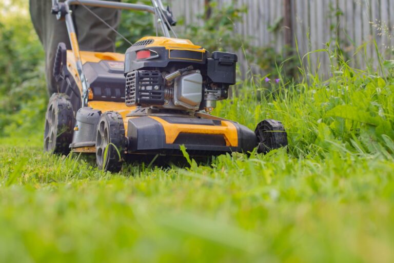 A man mows the grass