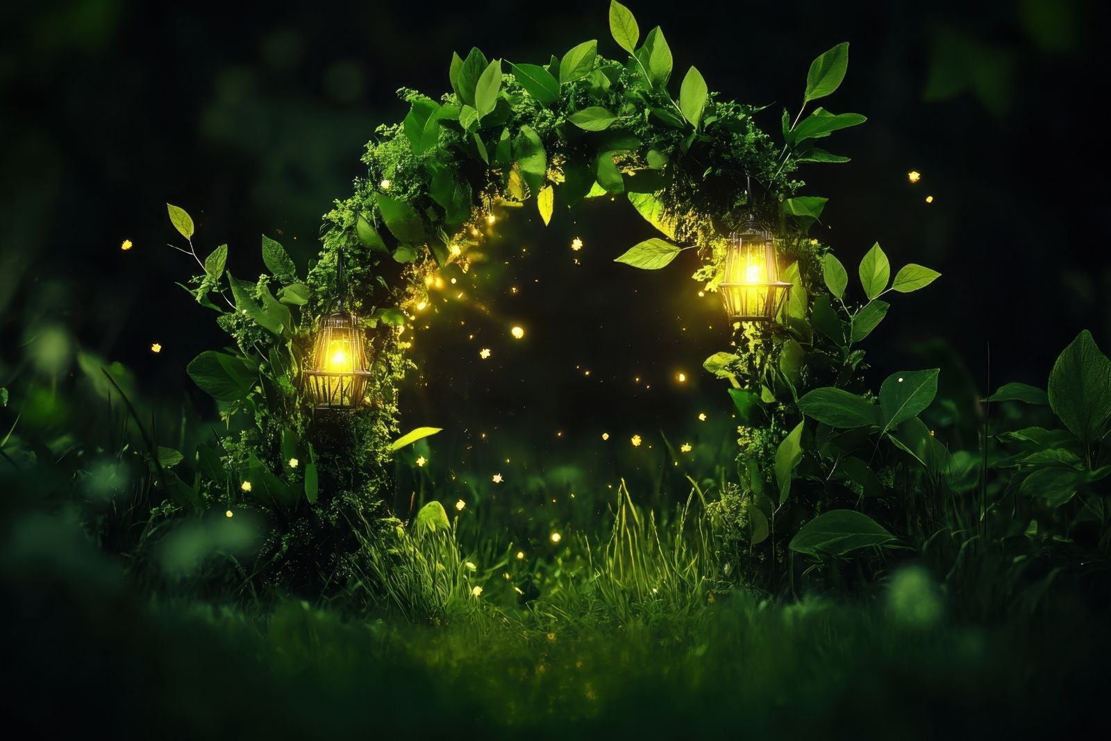 glowing lanterns and fireflies at night