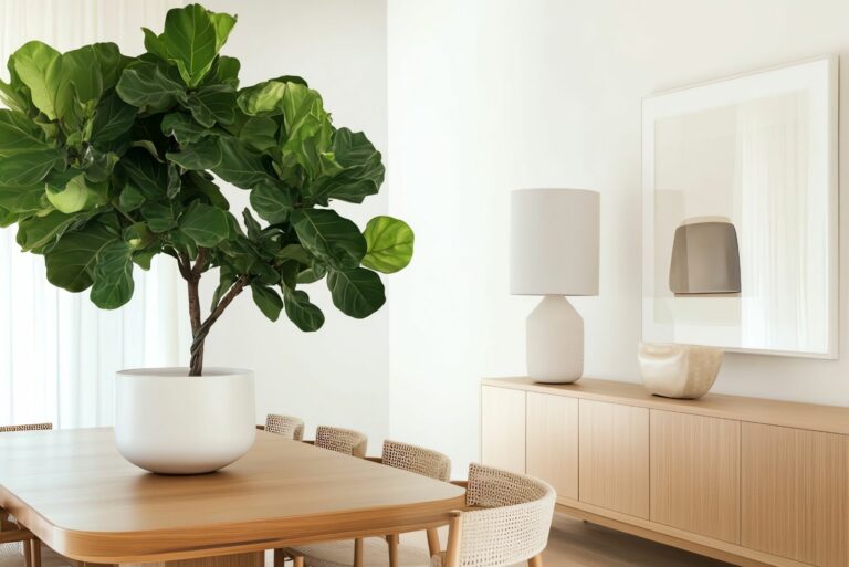 Fiddle Leaf Fig Tree on Dining Table in Bright Modern Interior