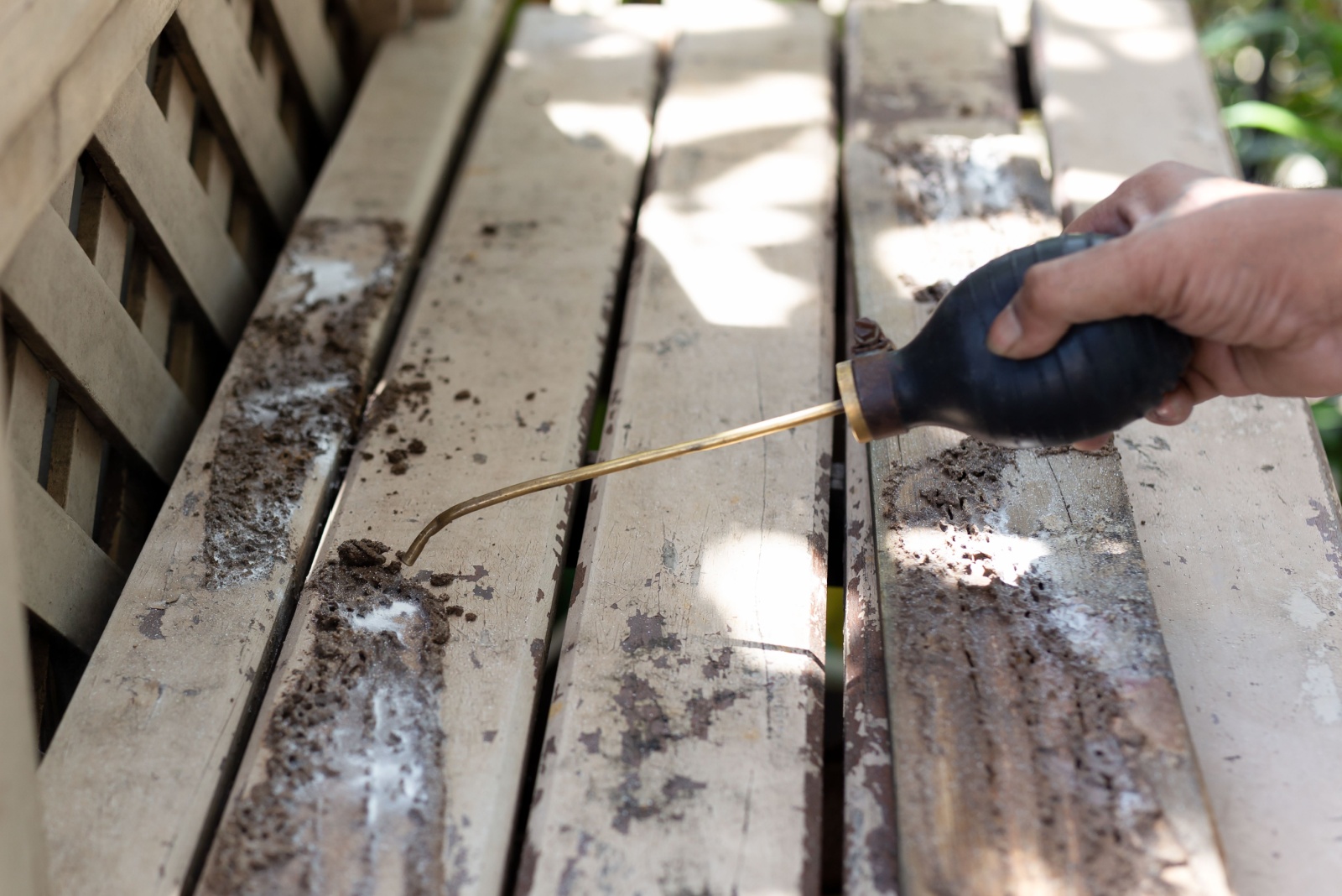 worker spraying insecticide on wooden deck