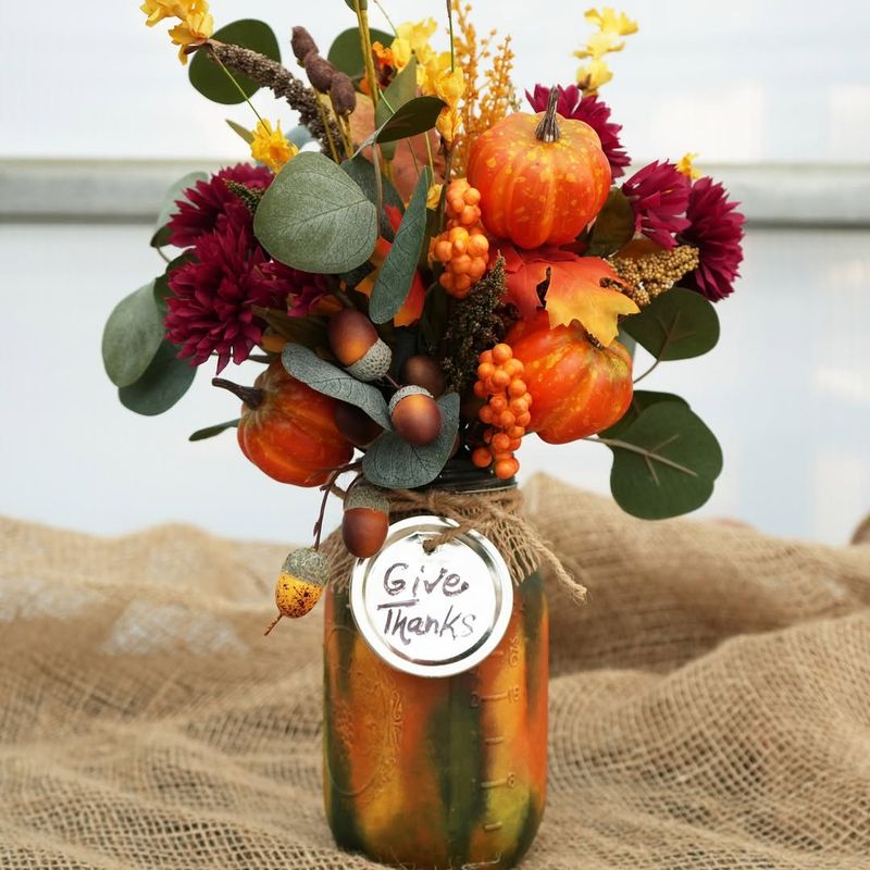 Mason Jar Mums with Mini Pumpkins