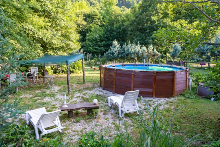 Above ground swimming pool with a ladder in backyard garden