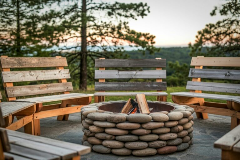 outdoor fire pit with wooden benches
