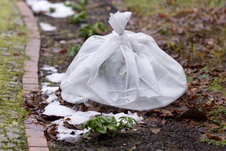Plastic foil covering flowers in the garden