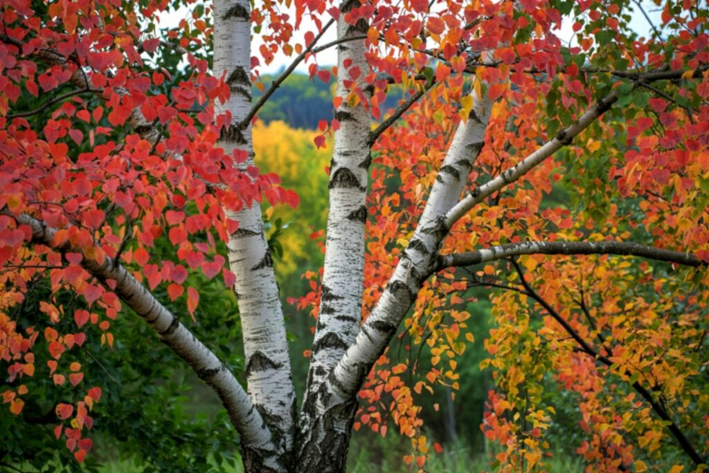 Silver birch tree with colorful fall foliage