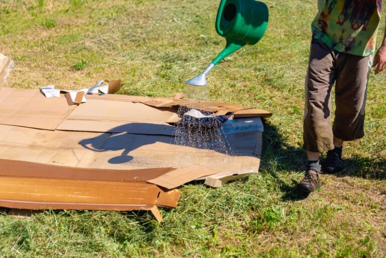 gardener waters cardboard mulch