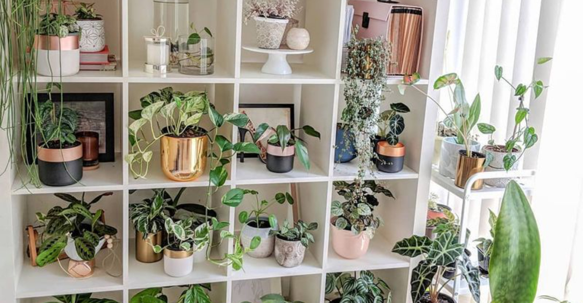 decorated plant shelf