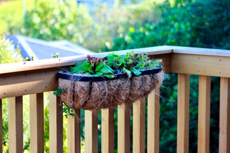 planter box filled with green and reddish plants hangs on a wooden deck railing