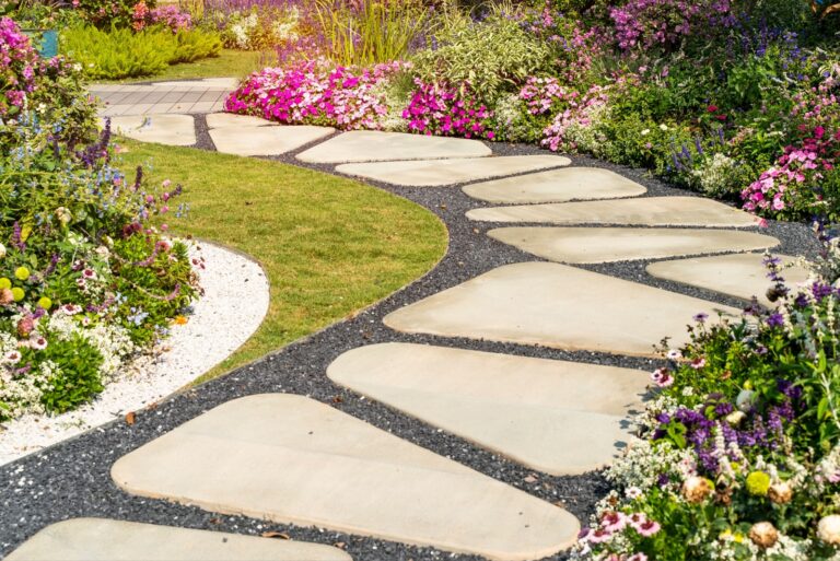 stone path leading through a garden