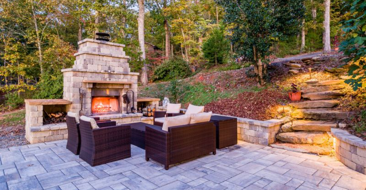 fire pit and fireplace in backyard