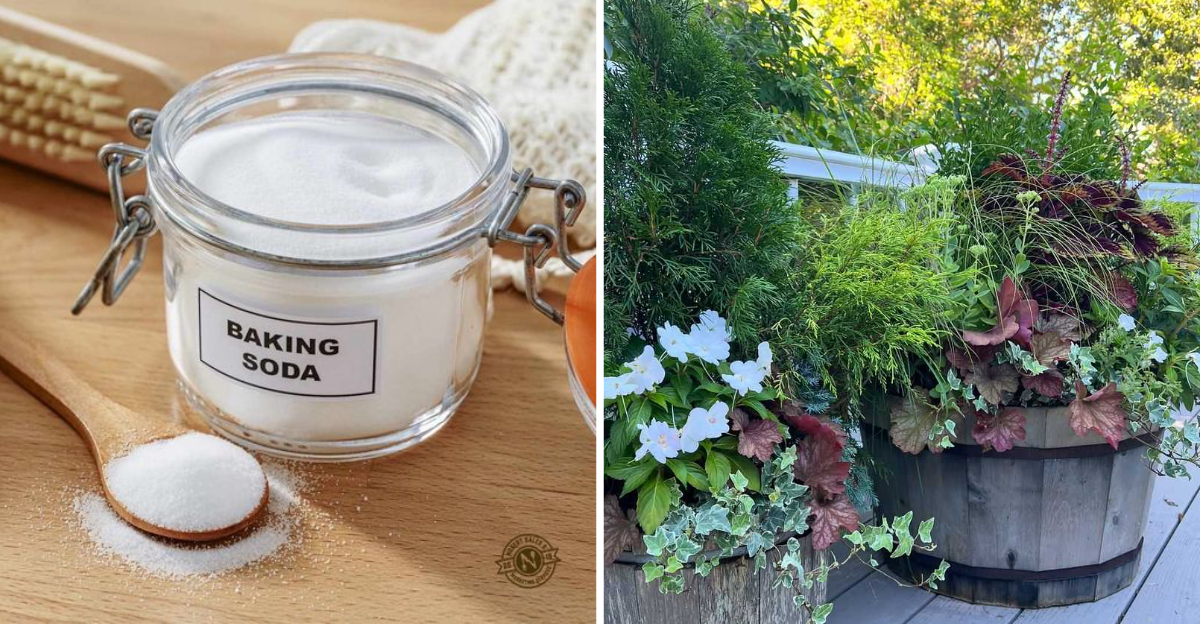 a jar of baking soda and container plants