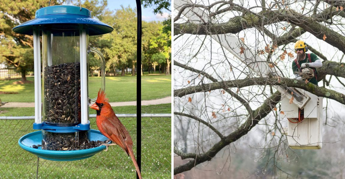 cardinal on a bird feeder, and man prunes a tree