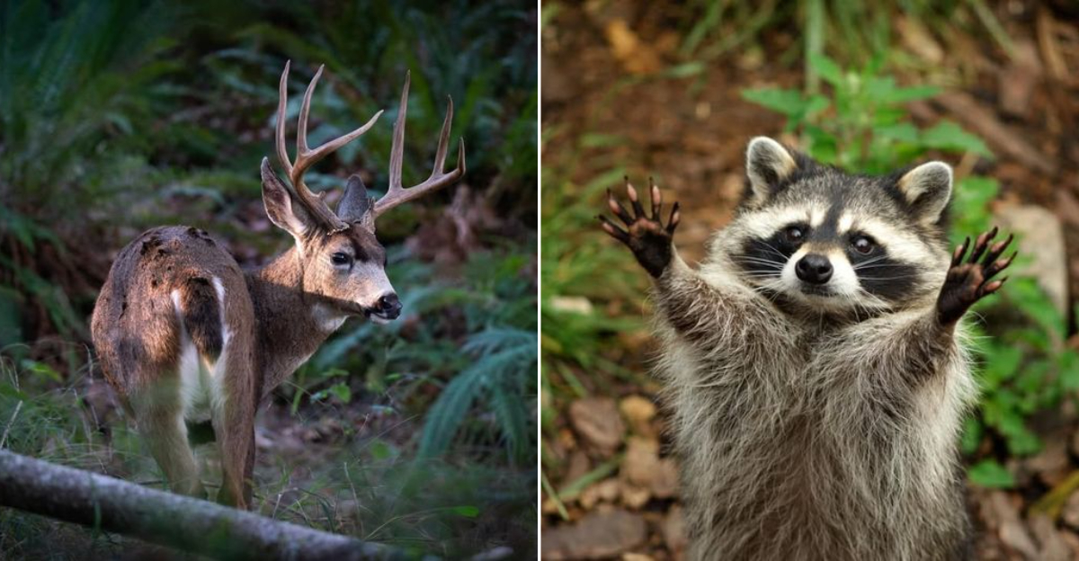 black tailed deer and a raccoon