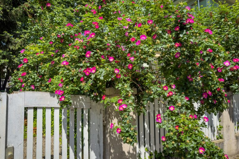 Climbing rose flowering bush over vintage Fence