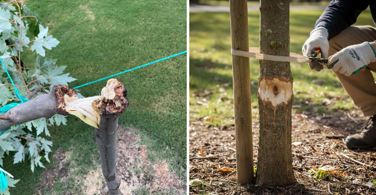 broken tree from wind and staked tree