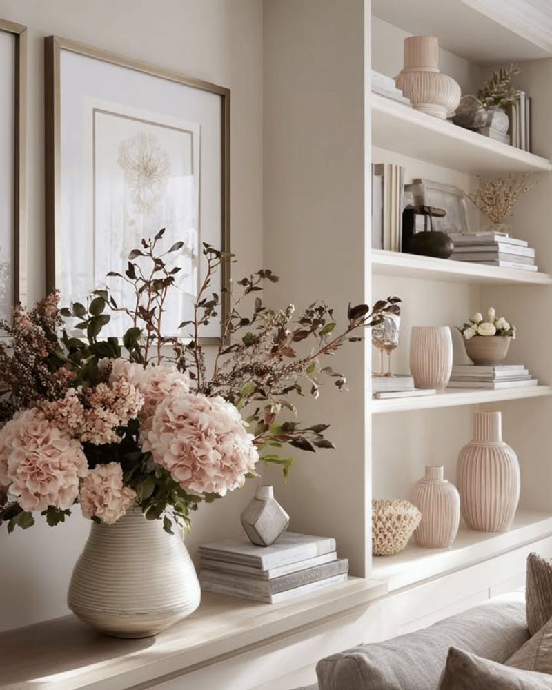 Bookshelf Styling With Small Vases And Stems