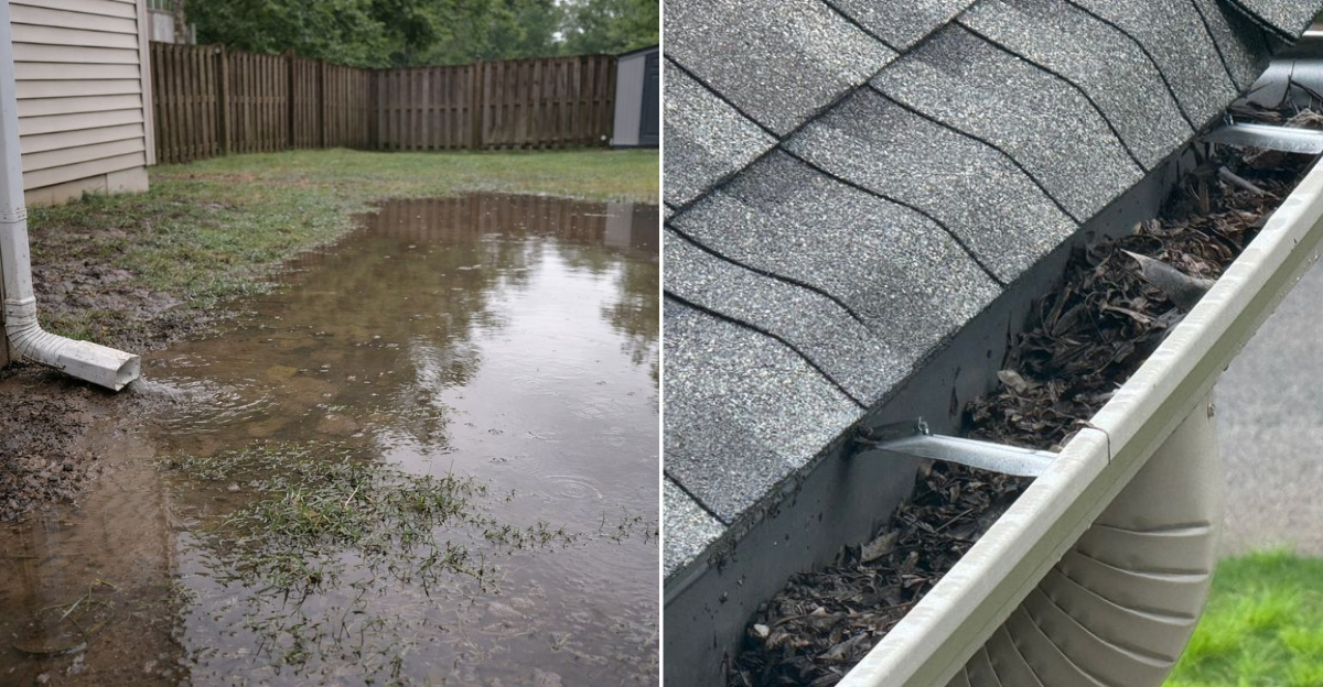 flooded yard and cluttered gutter