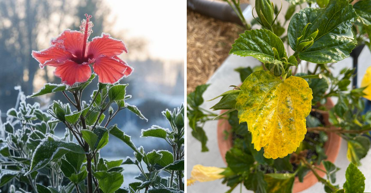 hibiscus in frost and yellowing hibiscus leaves