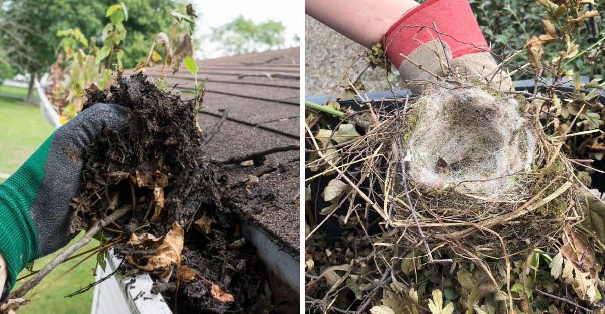gutter debris and old bird nest