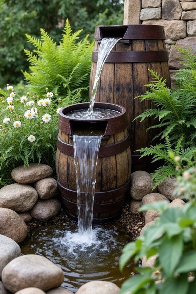 Repurposed Whiskey Barrel Waterfall