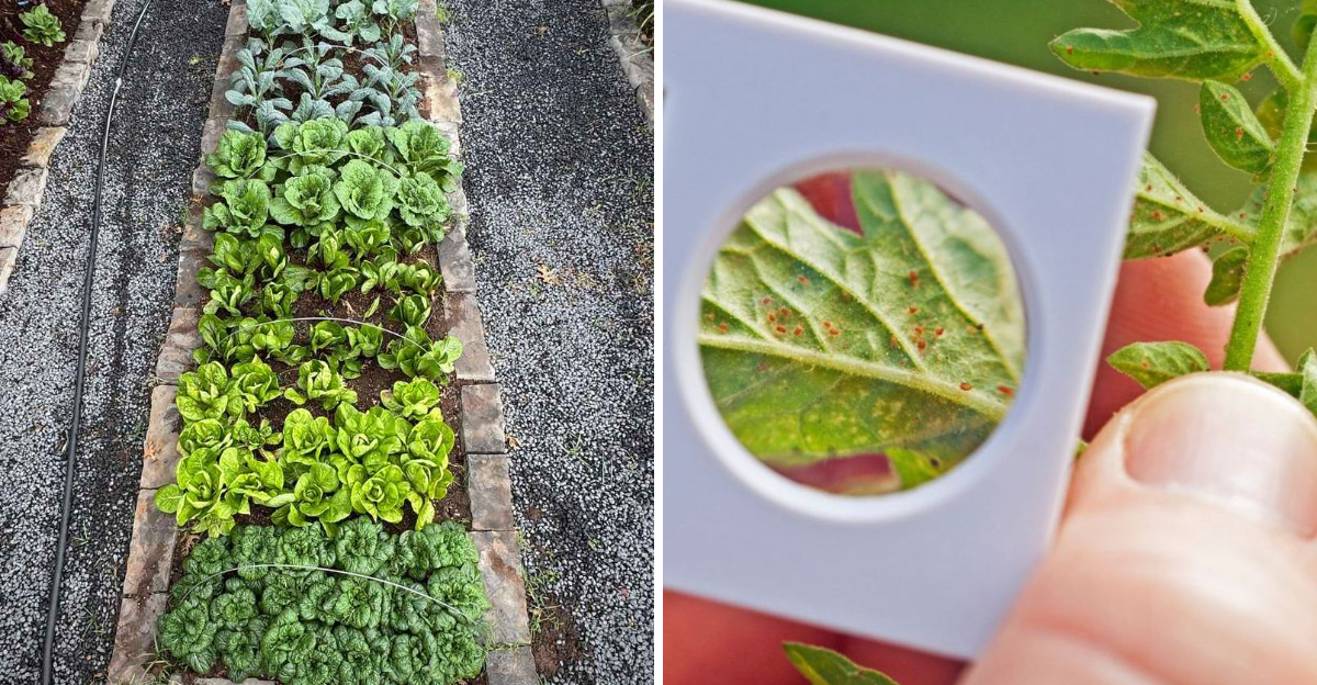 crowded garden bed and plant inspection for pests