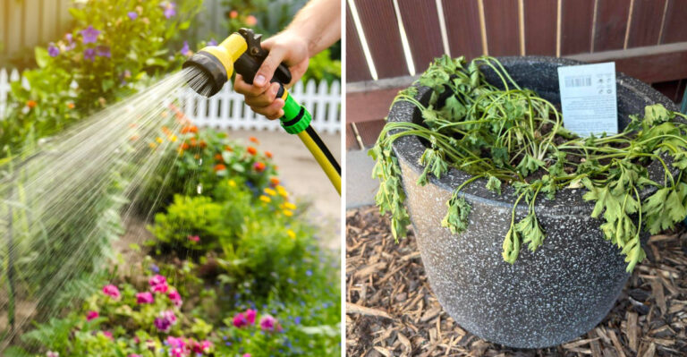 watering a garden and wilted plant in a container