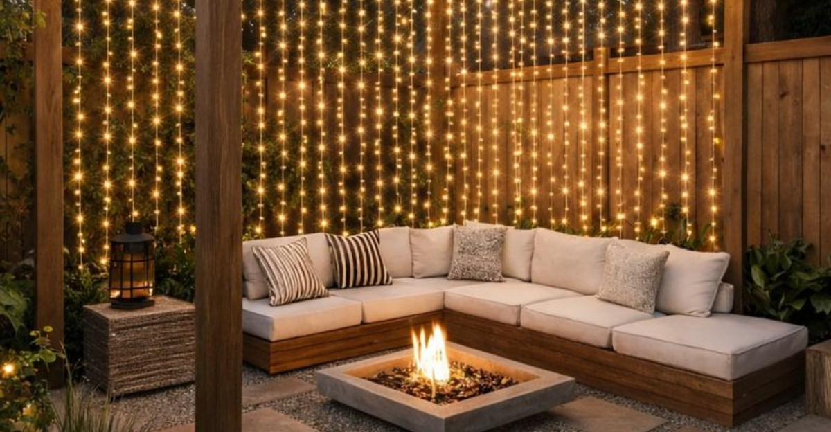 cozy patio with string lights
