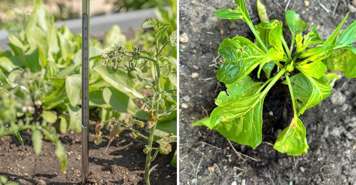 soil thermometer and wilting pepper plant