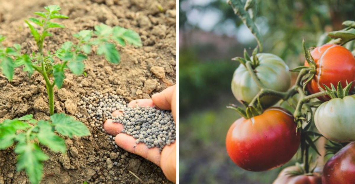 granular fertilizer for tomato plant and ripe and green tomatoes on the vine