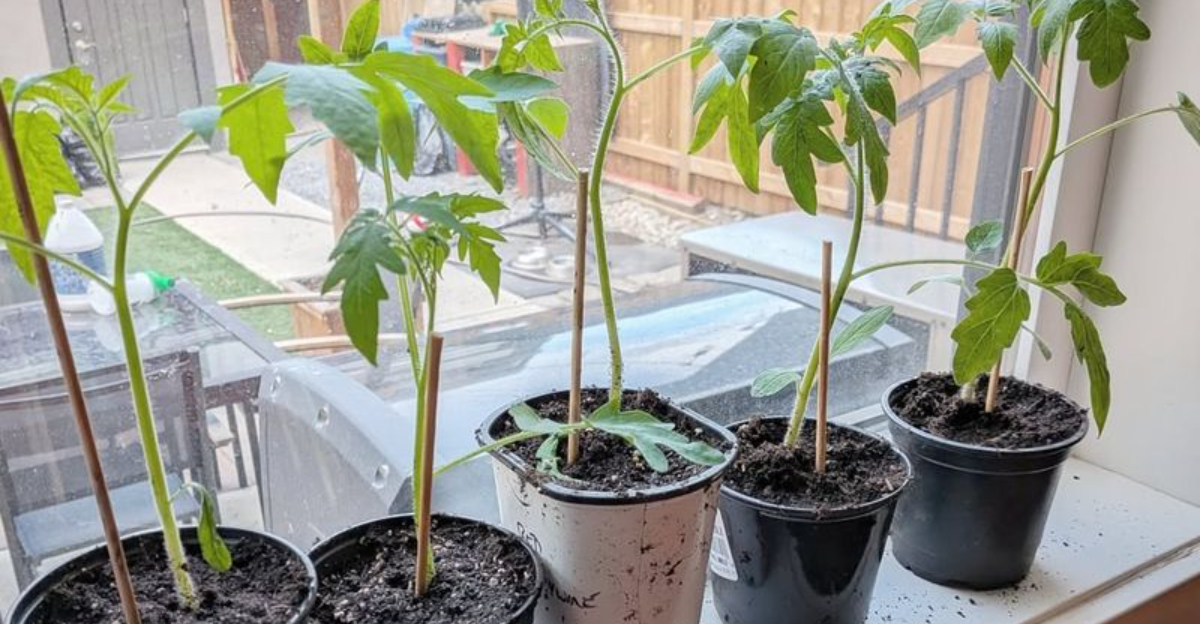 tomato seedlings on window