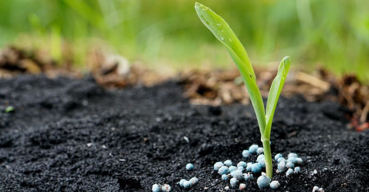 blue fertilizer around plant