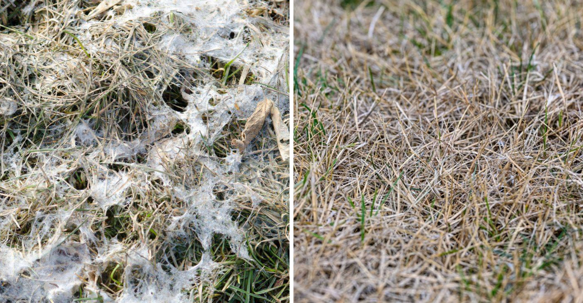 snow mold and winter damaged grass on lawn