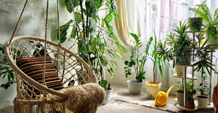indoor area showcases a macrame hanging chair, surrounded by vibrant green plants