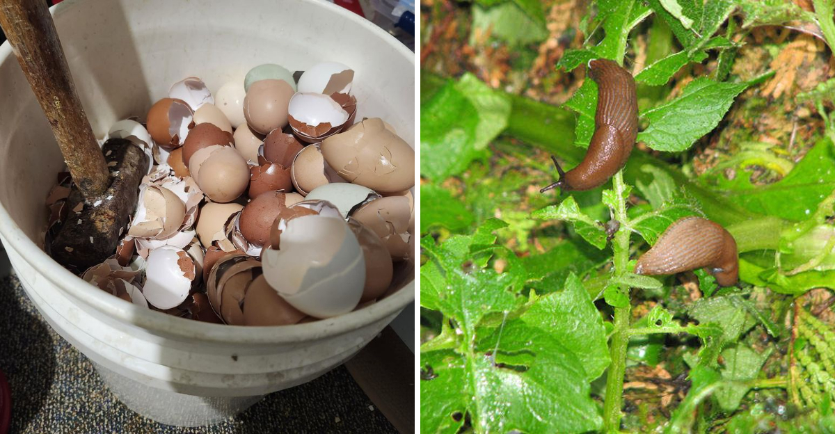 crushing eggshells and slugs eating garden plant