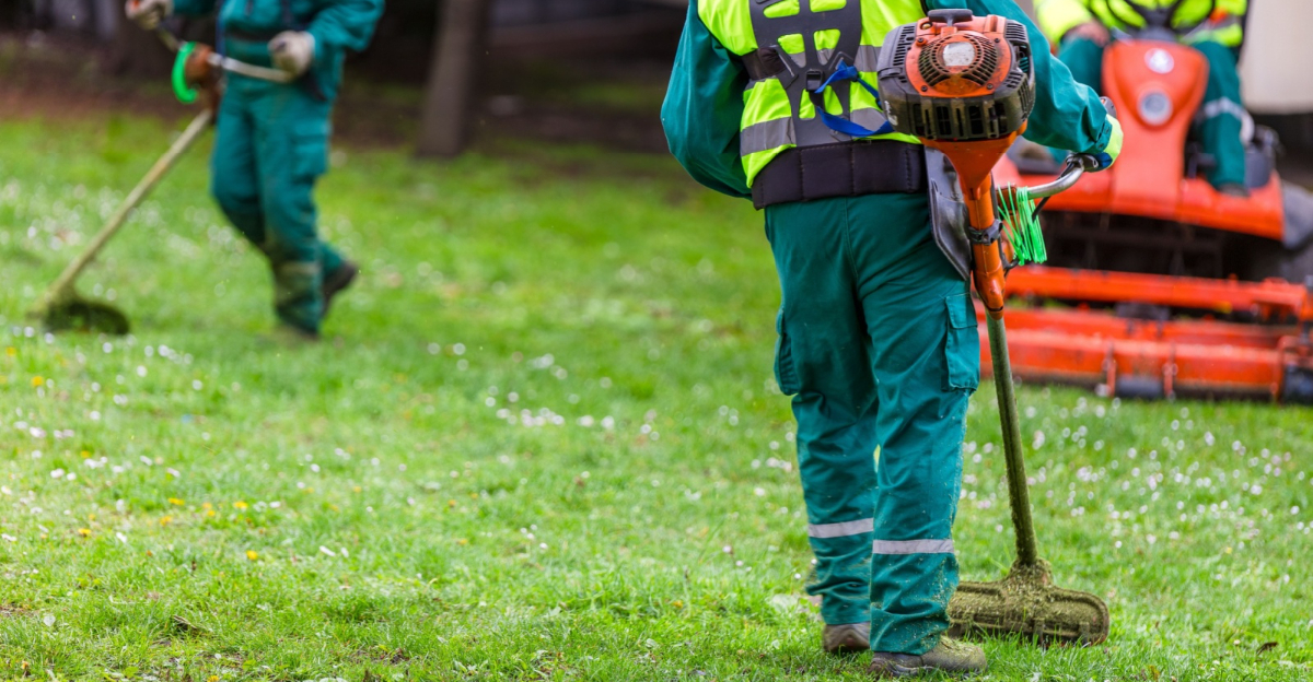 landscapers mowing and cleaning a green grass area